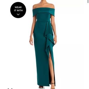 Off the shoulder cascade hunter green Aqua gown.